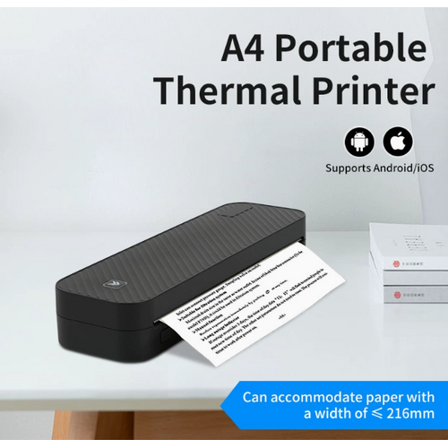 Black A4 Portable Thermal Printer for Android/iOS - Compact and Wireless, Supports Paper Width ≤ 216mm - Main Image