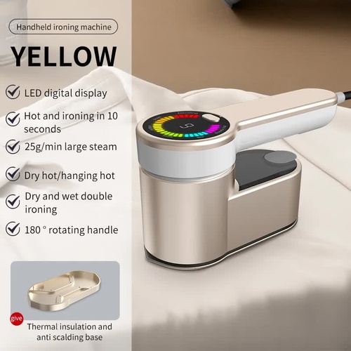 Yellow Mini Electric Iron - Rotating Handheld Garment Steamer, Portable Wrinkle Remover for Clothes, Compact Steam Iron for Home and Travel Use - Main Image