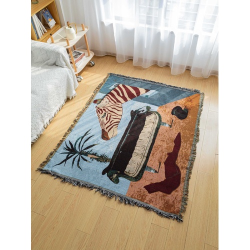 Safari-Inspired Woven Blanket - 160x130cm Artistic Tapestry Throw with Tassel Edges - Main Image