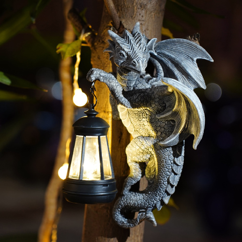 Solar-Powered Dragon Statue with LED Lantern - Gothic Outdoor Wall Hanging Decor - Main Image