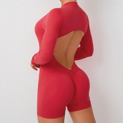 S Red Backless Scrunch Butt Workout Jumpsuit - Long-Sleeve Open-Back Yoga Romper - Main Image