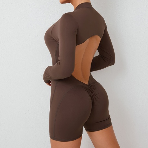 M Brown Backless Scrunch Butt Workout Jumpsuit - Long-Sleeve Open-Back Yoga Romper - Main Image