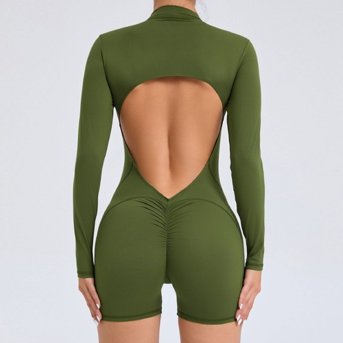 M Green Backless Scrunch Butt Workout Jumpsuit - Long-Sleeve Open-Back Yoga Romper - Main Image