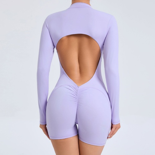 M Purple Backless Scrunch Butt Workout Jumpsuit - Long-Sleeve Open-Back Yoga Romper - Main Image