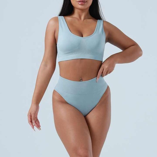 M Blue Seamless High-Waist Ribbed Bra & Panty Set - Wireless Stretchy Underwear - Main Image