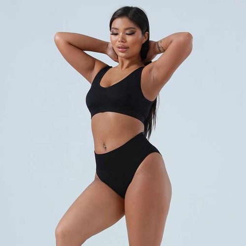 S Black Seamless High-Waist Ribbed Bra & Panty Set - Wireless Stretchy Underwear - Main Image