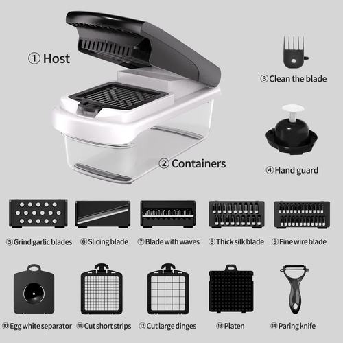 Black and white 14-Piece Multifunctional Vegetable Chopper and Slicer Set - Kitchen Cutting and Grating Tool - Main Image