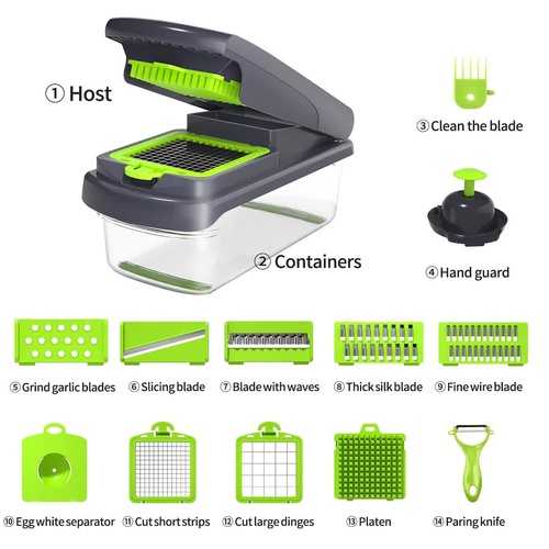 Green and Grey 14-Piece Multifunctional Vegetable Chopper and Slicer Set - Kitchen Cutting and Grating Tool - Main Image