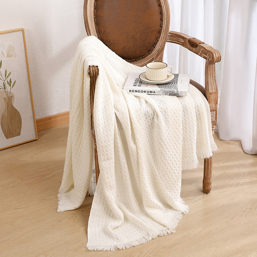 130*230CM Off White Nordic Solid Color Knitted Sofa Throw Blanket with Tassels – Waffle Weave Polyester Decorative Blanket - Main Image
