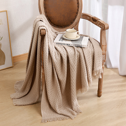 130*230CM Khaki Nordic Solid Color Knitted Sofa Throw Blanket with Tassels - Waffle Weave Polyester Decorative Blanket - Main Image