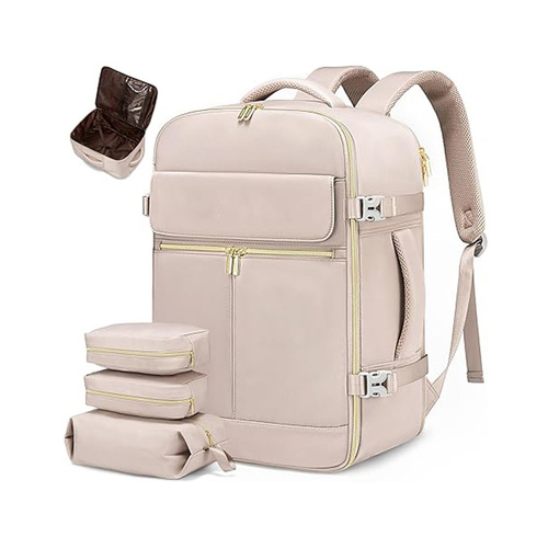 Light Pink 40L Large Capacity Travel Business Backpack with Expandable Compartments, Including 2 Toiletry Bags and Shoe Bag - Durable Oxford Fabric - Main Image