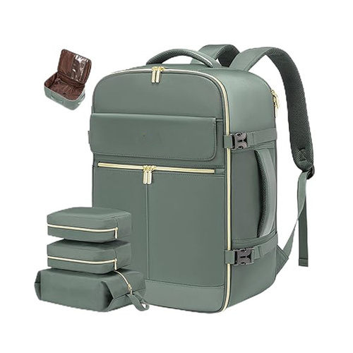 Bean Green 40L Large Capacity Travel Business Backpack with Expandable Compartments, Including 2 Toiletry Bags and Shoe Bag - Durable Oxford Fabric - Main Image