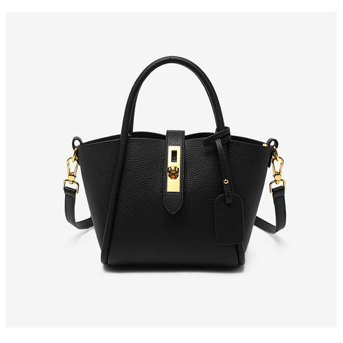 Black Genuine Leather Women's Handbag - Stylish Bucket Bag with Top Handle and Crossbody Strap - Main Image