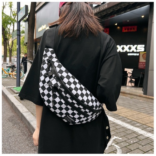 Black and White Check Trendy Checkered Crossbody Bag - Color-Block Chest Bag for Men and Women, Lightweight Nylon Waist Bag - Main Image