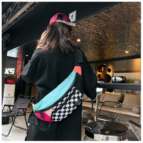 Multi-Coloured Patchwork Black and White Check Trendy Checkered Crossbody Bag - Color-Block Chest Bag for Men and Women, Lightweight Nylon Waist Bag - Main Image