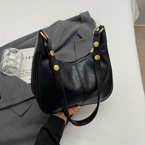 Black Vintage PU Leather Shoulder Bag - Women's Simple and Stylish Tote Bag for Commuting and Casual Use - Main Image