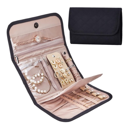 Black Portable Travel Jewelry Organizer Roll - Foldable Jewelry Storage Pouch for Earrings, Rings, and Necklaces(Jewellery is a shooting prop and is n - Main Image