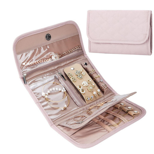Pink Portable Travel Jewelry Organizer Roll - Foldable Jewelry Storage Pouch for Earrings, Rings, and Necklaces(Jewellery is a shooting prop and is no - Main Image