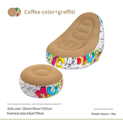 Coffee Graffiti Portable Inflatable Sofa Chair with Ottoman - Waterproof Flocked Lazy Sofa for Camping and Home Use - Main Image