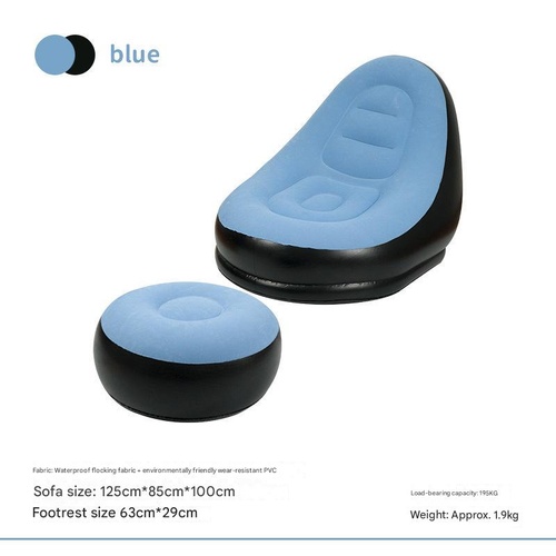 Blue And Black Patchwork Portable Inflatable Sofa Chair with Ottoman - Waterproof Flocked Lazy Sofa for Camping and Home Use - Main Image