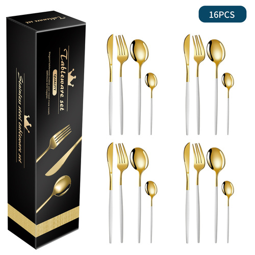 White And Gold Patchwork Colours 410 Stainless Steel 16-Piece Flatware Set - Elegant Dinnerware with Knife, Fork, Spoon for 4 People - Main Image