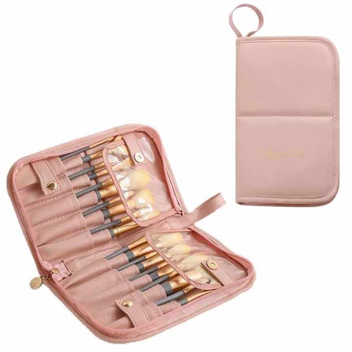 Pink Portable Shell Makeup Brush Storage Bag - Multi-Functional PU Cosmetic Organizer with Button Closure, Convertible to Stand Design(Make-up brushes - Main Image