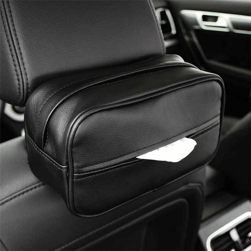 Black Multifunctional PU Leather Car Tissue Box Holder – Compact, Stylish, and Easy to Install with Headrest and Sun Visor Mounting Options - Main Image