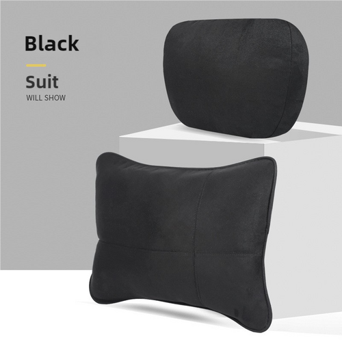 Black Luxury Eco-Friendly Suede Car Headrest and Lumbar Cushion Set - Ergonomic Support, All-Season Comfort, Adjustable Straps, and Durable Design for - Main Image