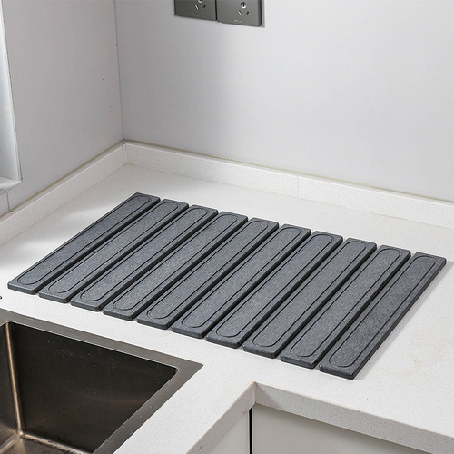 Dark Gray Square Engraved Inner Frame Foldable Diatomaceous Earth Drying Mat - Super Absorbent, Fast-Drying, Non-Slip Kitchen Countertop Mat - Main Image