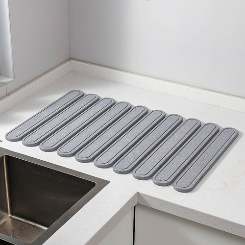 Light Gray Oval Shaped Engraved Inner Frame Foldable Diatomaceous Earth Drying Mat - Super Absorbent, Fast-Drying, Non-Slip Kitchen Countertop Mat - Main Image