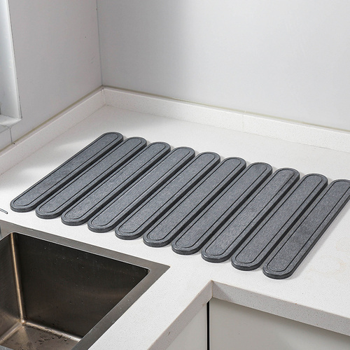 Dark Gray Oval Shaped Engraved Inner Frame Foldable Diatomaceous Earth Drying Mat - Super Absorbent, Fast-Drying, Non-Slip Kitchen Countertop Mat - Main Image