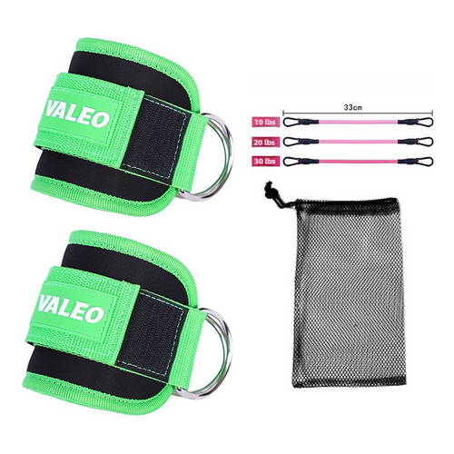 Green Set (2 Ankle Straps + 3 elastic ropes + 1 mesh bag) Adjustable Ankle Straps for Leg and Glute Training – EVA Padded Gym Foot Straps - Main Image
