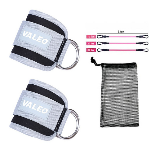 Grey Set (2 Ankle Straps + 3 elastic ropes + 1 mesh bag) Adjustable Ankle Straps for Leg and Glute Training - EVA Padded Gym Foot Straps - Main Image