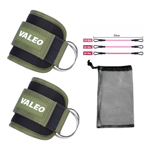 Dark Green Set (2 Ankle Straps + 3 elastic ropes + 1 mesh bag) Adjustable Ankle Straps for Leg and Glute Training - EVA Padded Gym Foot Straps - Main Image