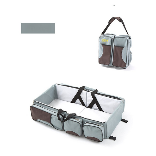 Grey-Brown Patchwork Multifunctional Foldable Baby Crib Mommy Bag | Large Capacity Diaper Bag | Portable Shoulder and Handheld Baby Essentials Bag - Main Image