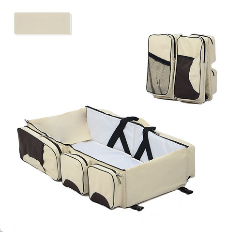 Beige-Brown Patchwork Multifunctional Foldable Baby Crib Mommy Bag | Large Capacity Diaper Bag | Portable Shoulder and Handheld Baby Essentials Bag - Main Image