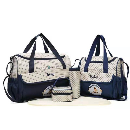 Dark Blue 5-Piece Mommy Bag Set - Large Capacity Diaper Bags for Baby Travel, Tote and Shoulder Bags with Insulated Bottle Holder and Snack Bag - Main Image