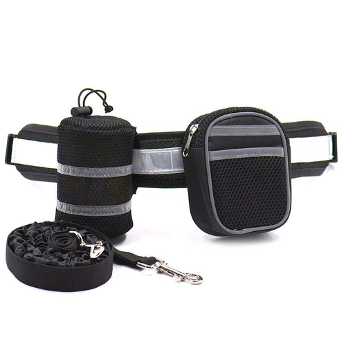 Black Reflective Pet Waist Bag with Hands-Free Leash for Night Safety - Adjustable Waist Pack with Detachable Pouches - Main Image