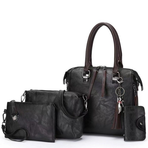 Black 4-Piece Women’s PU Leather Tote Bag Set - Vintage Handbag, Shoulder Bag, Clutch, and Card Holder - Lightweight Design - Main Image