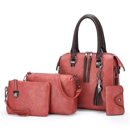 Pink 4-Piece Women's PU Leather Tote Bag Set - Vintage Handbag, Shoulder Bag, Clutch, and Card Holder - Lightweight Design - Main Image
