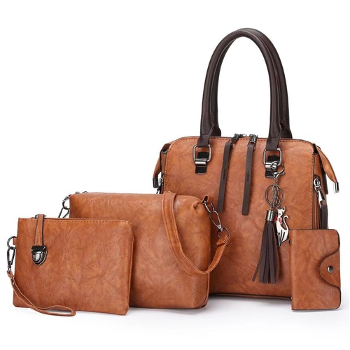 Brown 4-Piece Women's PU Leather Tote Bag Set - Vintage Handbag, Shoulder Bag, Clutch, and Card Holder - Lightweight Design - Main Image