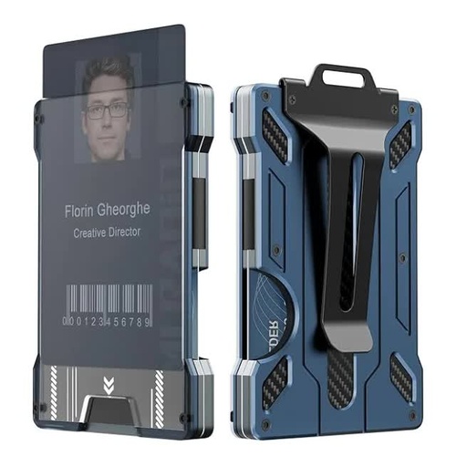 1 Pcs Blue Premium RFID Blocking Aluminum Alloy ID Badge Holder with Transparent Card Slot & Money Clip - Main Image