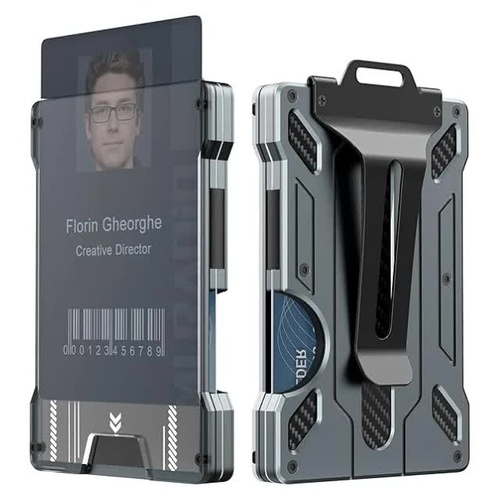 1 Pcs Grey Premium RFID Blocking Aluminum Alloy ID Badge Holder with Transparent Card Slot & Money Clip - Main Image