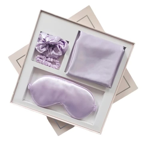Purple Luxury Faux Silk Sleep Gift Set - 4-Piece Eye Mask, Pillowcase & Scrunchies for Relaxation & Comfort - Main Image