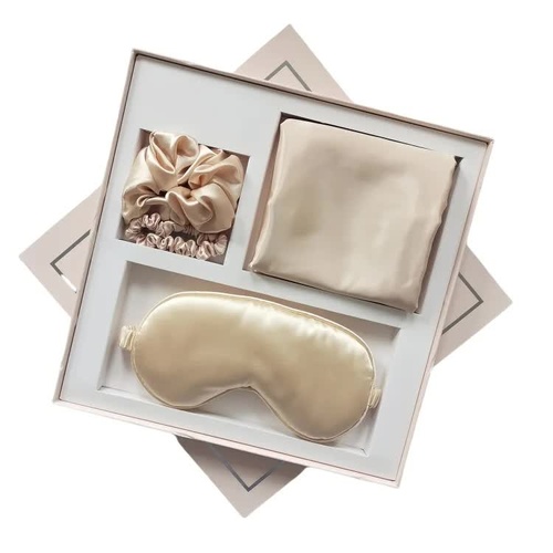 Light Gold Luxury Faux Silk Sleep Gift Set - 4-Piece Eye Mask, Pillowcase & Scrunchies for Relaxation & Comfort - Main Image