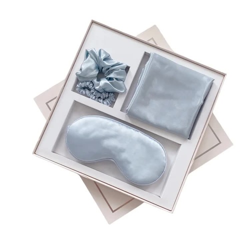 Light Blue Luxury Faux Silk Sleep Gift Set - 4-Piece Eye Mask, Pillowcase & Scrunchies for Relaxation & Comfort - Main Image