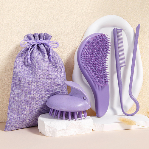 Purple Eco-Friendly Wheat Straw Hair Care Set - Massage Brush, Detangling Comb, and V-shaped Comb for All Hair Types - Main Image