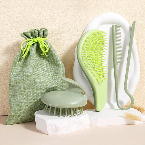 Green Eco-Friendly Wheat Straw Hair Care Set - Massage Brush, Detangling Comb, and V-shaped Comb for All Hair Types - Main Image