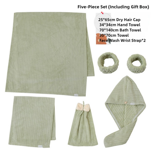 Green Soft Coral Fleece Towel and Bath Towel Gift Set - 5-Piece Luxurious Absorbent Set - Main Image