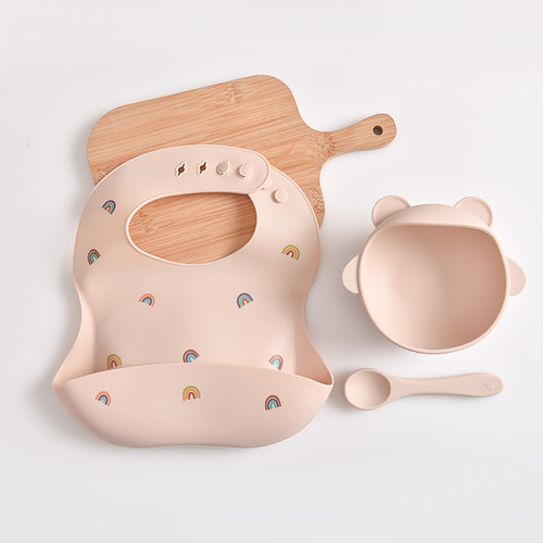 Rainbow Pattern Beige Soft and Safe Silicone Baby Feeding Set - Bib, Bowl, and Spoon Combo for Mess-Free Meals - Main Image